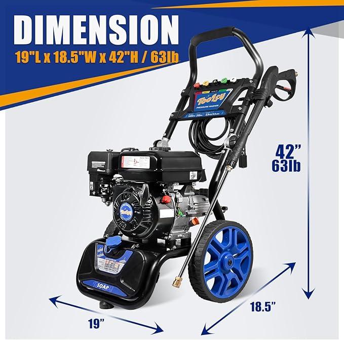 TOOLCY 3400 PSI & 2.8 GPM Gas Powered Pressure Washer with Onboard Soap Tank, Power Washer for Cleaning Cars Homes Patios Fences Driveways, Spray Gun, 5 Nozzles - NeatNest