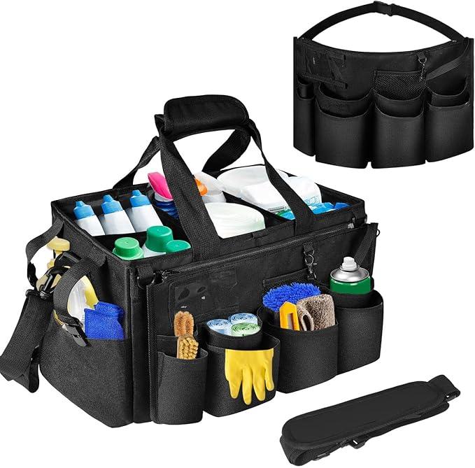 Boczif Cleaning Caddy Bag Wearable, Cleaning Caddy Supplies Organizer with Handle, Shoulder Straps & Detachable Divide, Cleaning Tool Organizers Tote Bag for Cleaners & Housekeepers（Black） - NeatNest