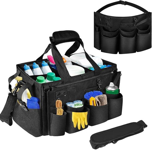 Boczif Cleaning Caddy Bag Wearable, Cleaning Caddy Supplies Organizer with Handle, Shoulder Straps & Detachable Divide, Cleaning Tool Organizers Tote Bag for Cleaners & Housekeepers（Black） - NeatNest