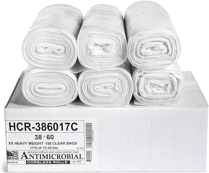Aluf Plastics High Density Trash Bags, 60 Gallon, 150 Count, 17 Micron (eq), 38" x 60", Clear, for Bathroom, Office, Industrial, Commercial, Janitorial, Municipal, Recycling - NeatNest