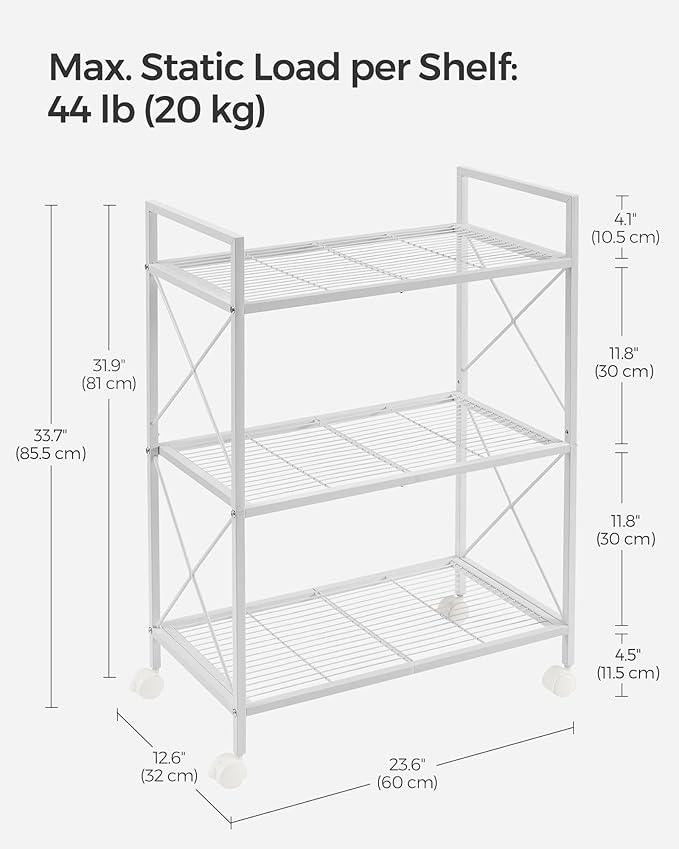 SONGMICS 3-Tier Metal Storage Rack with Wheels, Mesh Shelving Unit with X Side Frames, 23.6-Inch Width, for Entryway, Kitchen, Living Room, Bathroom, Industrial Style, White UBSC163W01 - NeatNest