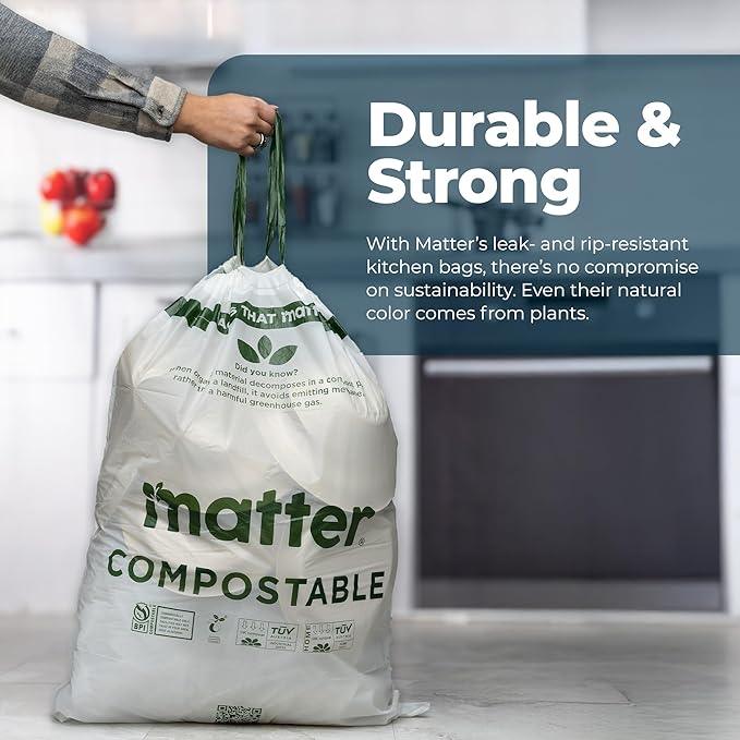 Matter Compostable 13 Gallon Tall Kitchen Trash Bags with Drawstring, Eco-Friendly, Unscented, Durable, Leak-Resistant, 60 Count - NeatNest