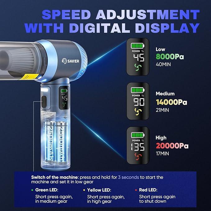 Saker Car Vacuum Portable Cordless 20000Pa Suction Power 4 in 1 Handheld Vacuum with LED Light Type-C Portable Mini Vacuums for Car, Home, Office, Pet HL157 Blue - NeatNest