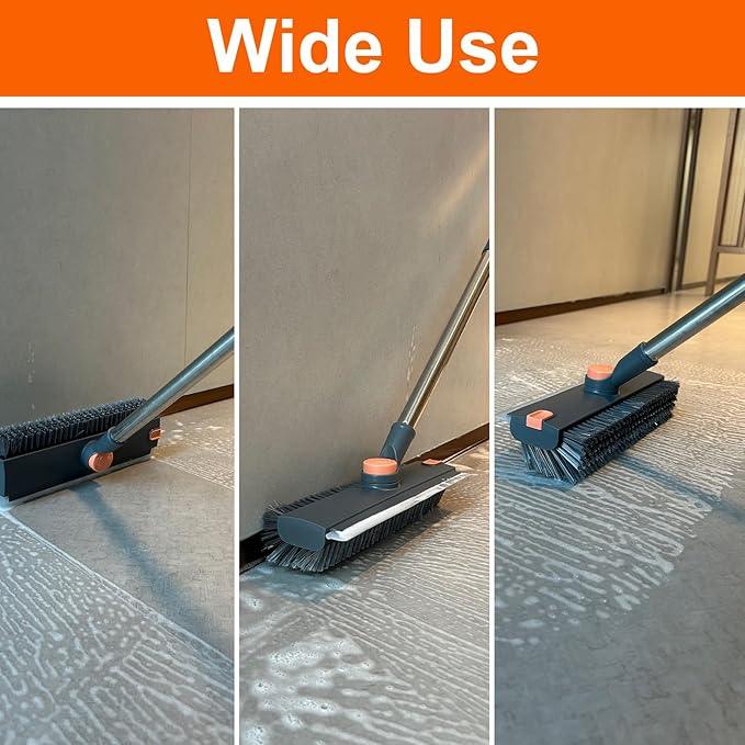 Floor Scrub Brush with Long Handle, BITOPE 3 in 1 Stiff Bristles Deck Brush 360° Rotating Floor Scrubber with Squeegee, Tweezer for Clean Patio, Deck, Tile, Concrete, Balcony Outdoor - NeatNest