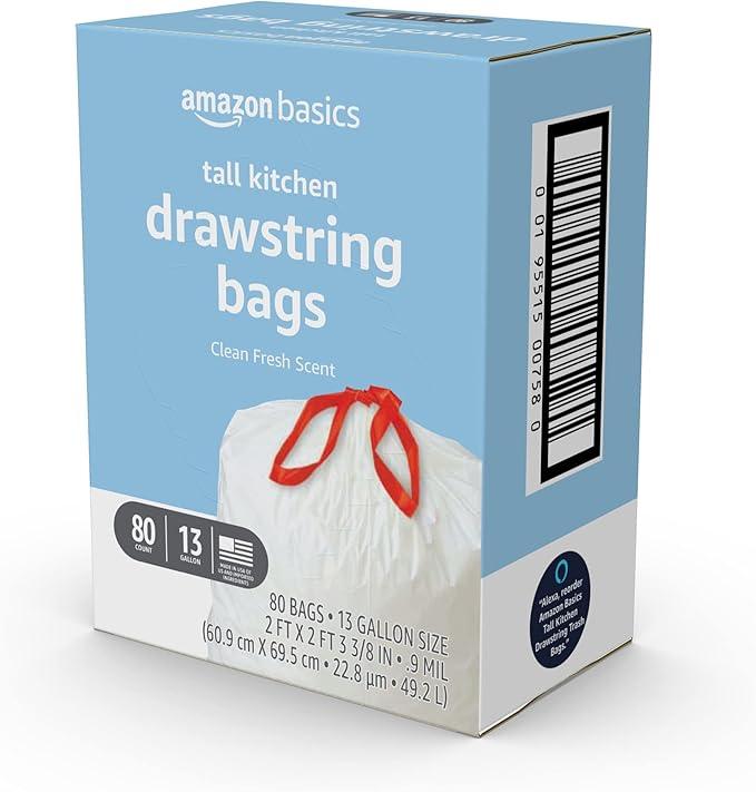 Amazon Basics Tall Kitchen Drawstring Trash Bags, Clean Fresh Scent, 13 Gallon, 80 Count (Previously Solimo) - NeatNest