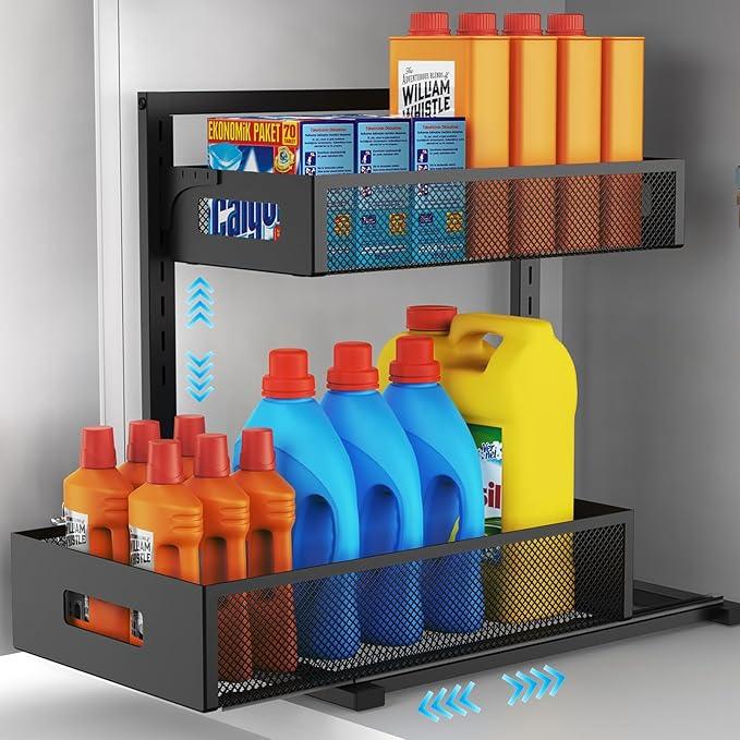 Under Sink Organizer Pull Out Cabinet Organizer Adjustable Height 2 Tier with Sliding Drawers Kitchen Bathroom Organizer and Storage(1pc) - NeatNest