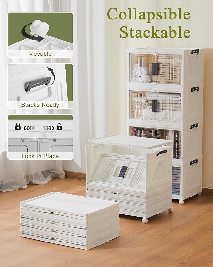 OlarHike 48QT Lockable Storage Bins with Lids - Folding Storage box with Doors and Wheels, Collapsible Plastic Storage Bins for Closets, Stackable Storage Organizer, Storage Containers, 4 Pack Cubes - NeatNest