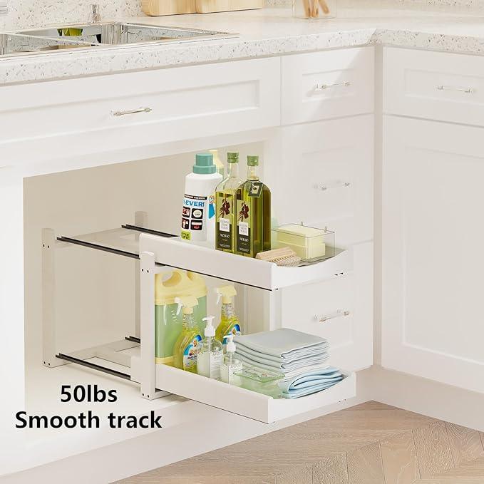 Bamboo Under Sink Organizer Adjustable Height 2 Tier Bathroom Organizer Pull Out Cabinet Storage Kitchen Heave Duty Wood Slide Ou Shelf for Kitchen Bathroom (White, 1 Pack) - NeatNest