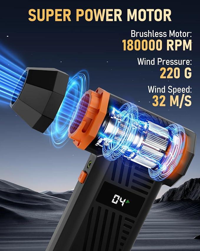 Compressed Air Duster, 180000RPM 4-Gear Adjustable Electric Air Duster with Display Screen & LED Light, Rechargeable Cordless Air Blower for Keyboard/PC/Car - NeatNest