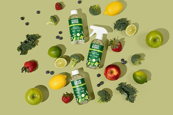 CleanBoss Eat Cleaner Triple-Action Fruit + Veggie Wash - 12 oz, Pack of 3 - Removes Harmful Residue - Keeps Produce Fresh Up to 5X Longer - Includes One Trigger - Vegan, Gluten Free - Improved Nozzle - NeatNest