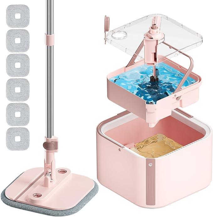 Upgraded Spin Mop and Bucket System Set, Self Separate Clean and Dirty Water, Foldable Square Standing Mop Head with Microfiber Mop Pads, Detachable Bucket (Pink, Mop Set with 6PC Pads) - NeatNest