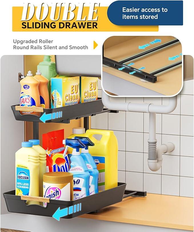 Under Sink Organizer, 2 Tier Adjustable Height Under Sink Organizers and Storage, L-Shaped Slide Out Pull Out Cabinet Organizers for Bathroom Kitchen Pantry (2 Pack, Black) - NeatNest