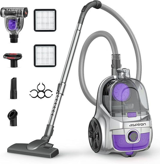 Aspiron Canister Vacuum, Upgraded 1600W Bagless Canister Vacuum Cleaner, Auto Cord Rewind, H13 HEPA Filter, 3.7Qt Large Capacity, 5 Tools for Hard Floors, Carpet, Pet, Upholstery, Tiles, Lilac - NeatNest