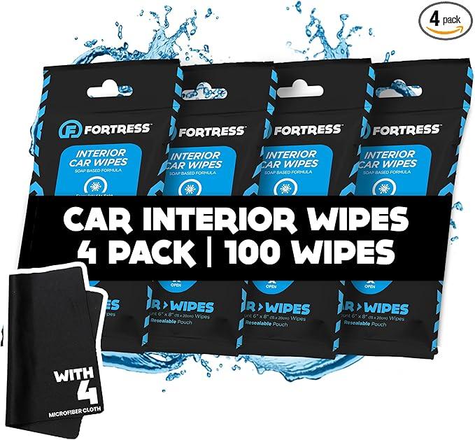 Fortress Car Interior Wipes with Microfiber Cloth (25 ct, Pack of 4) for Car Interior Cleaning, Dashboard, Seats, Detailing, and Steering Wheel [Travel Size] Skin-Safe Car Interior Cleaner Supplies - NeatNest