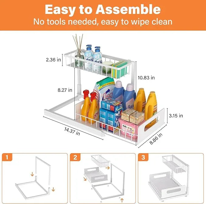 2 Pack Under Sink Organizer, 2 Tier Pull Out Cabinet Organizer,Slide out Metal Cabinet Organizers Multi-Purpose Drawer Shelf for Kitchen Bathroom Pantry Cabinet Closet Organization Rack,White - NeatNest
