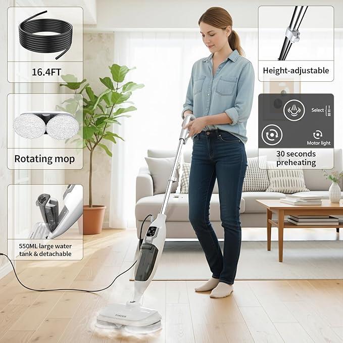 Steam Mop with 13 Accessories,Steam Cleaner Home Use,Floor Scrubber spin mop for Hard Wood Floors,tile Scrub Steamer Deep Cleaning,Carpet, 4 Washable Mop Pads, 550ml Capacity,30 Second Heat-Up - NeatNest