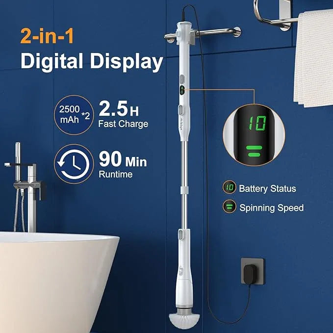 LABIGO Electric Spin Scrubber LA2 Pro, Shower Power Cleaning Brush with Display and 4 Replaceable Heads,2 Adjustable speeds, 3 Extension Handle, for Bathroom Floor Tile - NeatNest