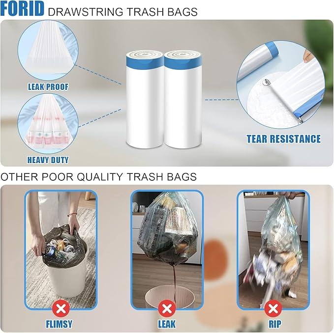 FORID Mini Drawstring Trash Bags - 2 Gallon Small Bathroom Garbage Bags White Plastic Trash Can Liners Disposable Unscented Wastebasket Bags 60 Count for Office bedroom Home 7.5 Liter - NeatNest