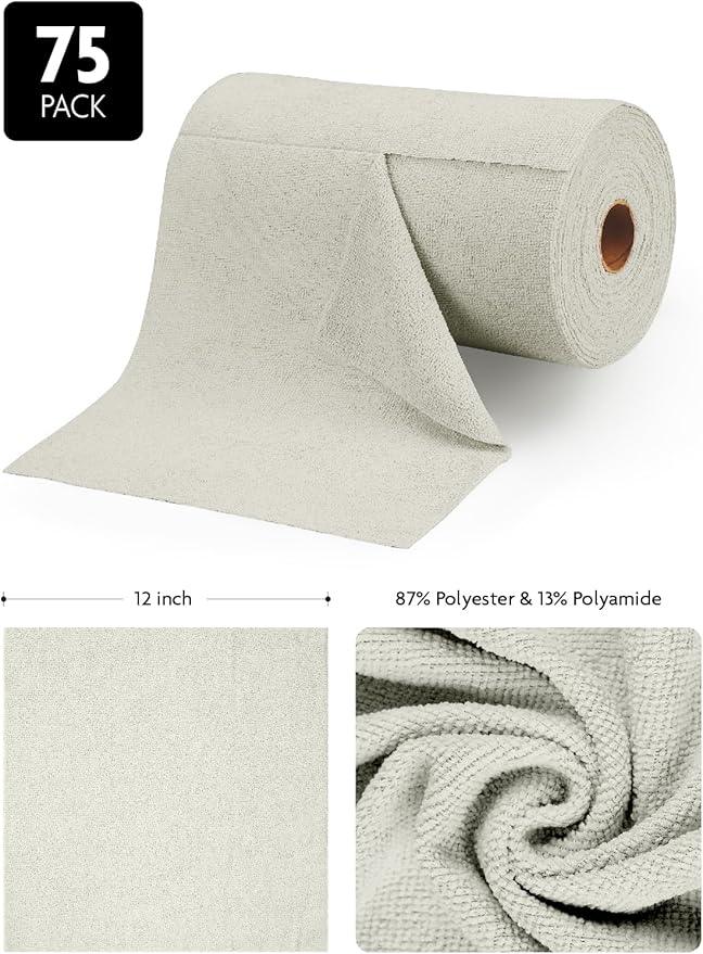 Fantasticlean Microfiber Cleaning Cloth Roll -75 Pack, Tear Away Microfiber Towels, 12" x 12", Reusable, Washable, Scratch Free, Ultra Absorbent Dishcloth for Home Supplies, Car, Pet (Cool Grey) - NeatNest