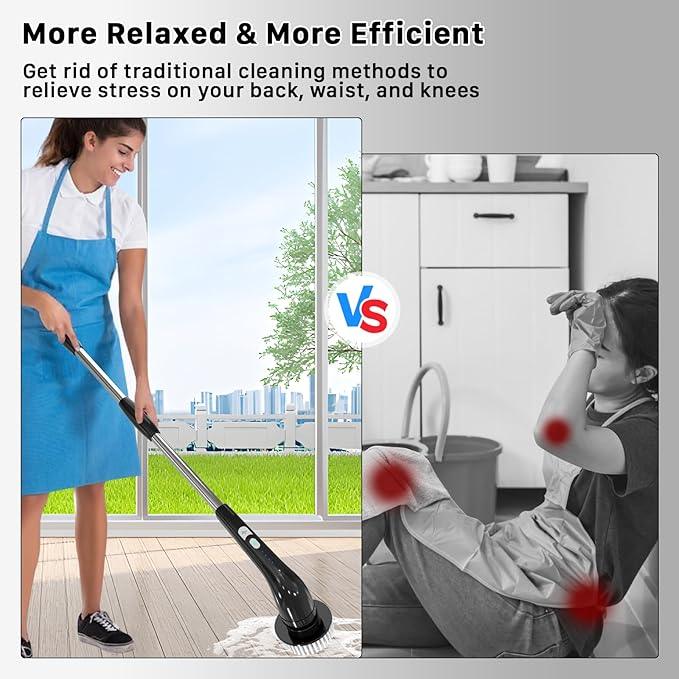 Electric Spin Scrubber, Cordless Cleaning Brush, Shower Scrubber with 7 Replaceable Brush, 2 Speeds and Adjustable Extension Handle for Bathroom Shower Bathtub Glass Car(Black) - NeatNest