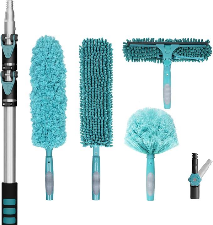 20 Foot High Reach Duster Kit with 5-12FT Extension Pole High Ceiling Dusting and Window Cleaning Kit with Telescopic Pole Window Washer&Squeegee,Cobweb Duster,Fan Duster and Feather Duster - NeatNest