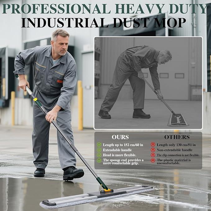 36" Commercial Mop, Masthome Heavy Duty Industrial Mop for Floor Cleaning,Commercial Dust Mop with 3 Reusable Pads,60”Long Handle Wet Dry Flat Mops for Hardwood Floors, Marble, Laminate, Tile(Green) - NeatNest
