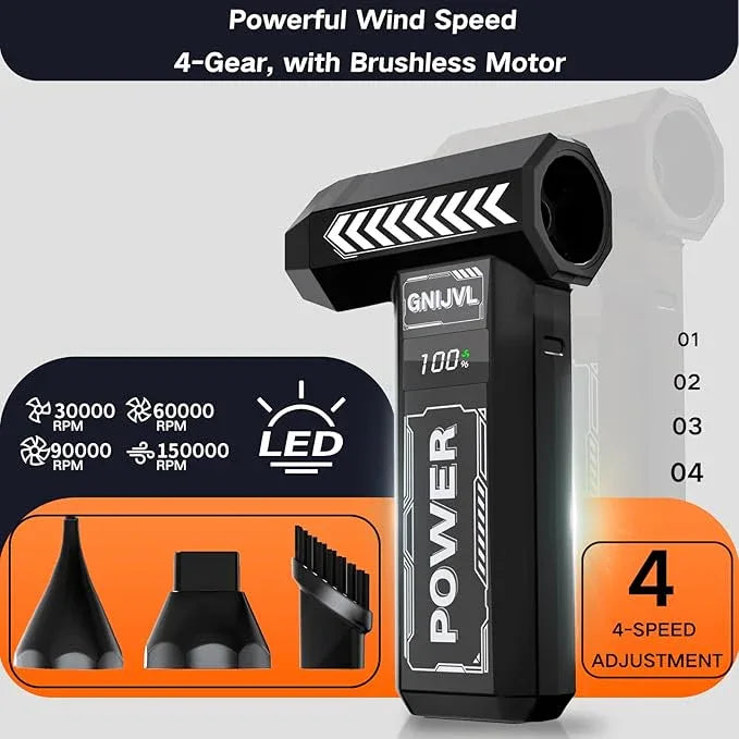 Electric Air Duster, 150000RPM Brushless Motor 4-Gear Adjustable Compressed Air Duster with LED Light,One-tap Booster with 8000mAh Rechargeable Battery, With storage bag for PC, Car, House, Outdoor - NeatNest