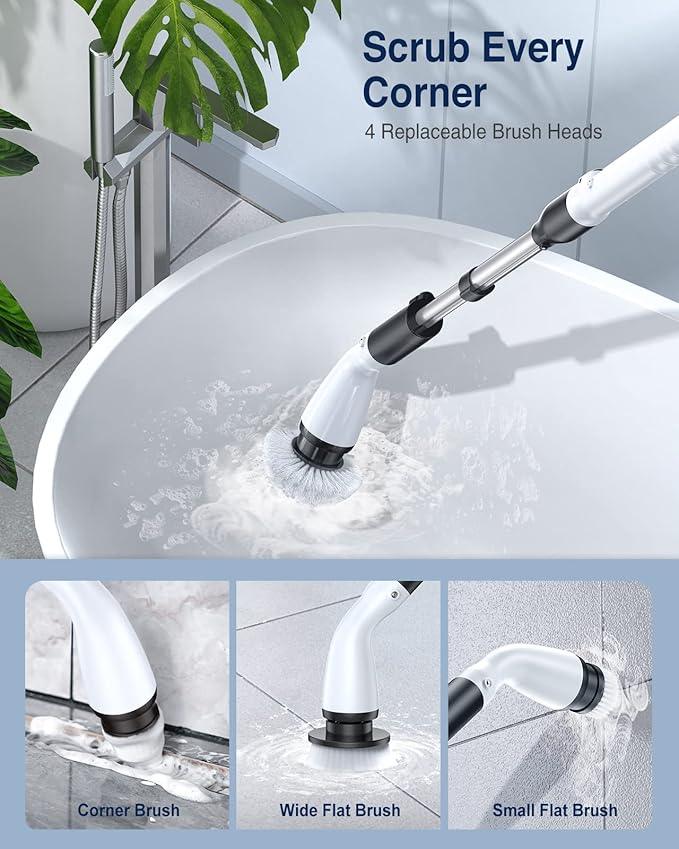 LABIGO Electric Spin Scrubber LA1 Pro, Cordless Spin Scrubber with 4 Replaceable Brush Heads and Adjustable Size Extension Handle Power Full Cleaning Brush for Bathroom Floor, Light Black - NeatNest