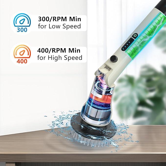 Electric Spin Scrubber, Hillyfe Bath Scrubber for Cleaning with 7 Replaceable Brush Heads, IPX7 Waterproof,300/400 RPM, 3 Adjustable Size,Cordless Shower Cleaner Brush for Bathroom Floor,Beige - NeatNest