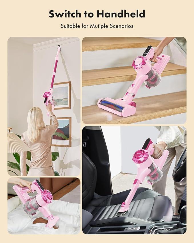 Trucozie Cordless Vacuum Cleaner, 8-in-1 Lightweight Stick Vacuum with 45mins Runtime, Powerful Suction, Rechargeable Cordless Vacuum for Carpet, Tile, Pet Hair, Hardwood Floors, Pink - NeatNest