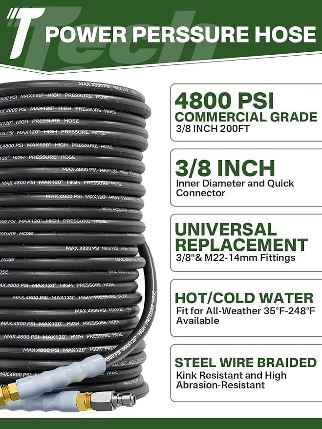 3/8" 4800PSI Pressure Washer Hose 200FT with Swivel Quick Connect for Cold/Hot Water Max 248°F, Kink Resistant Steel Wire Braided, Wear Resistant Power Washer Hose with M22 14mm Adapter - NeatNest