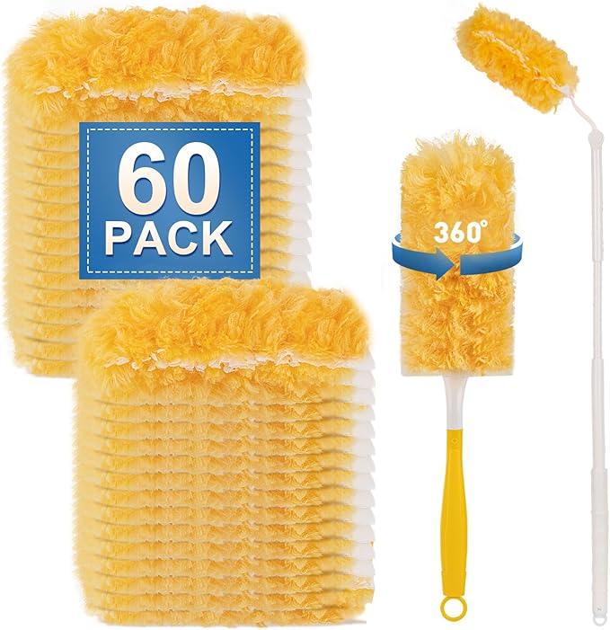 Heavy Duty Duster Refills, Disposable Dusters Kit for Cleaning Dusting Furniture Blind Ceiling Fan, Multi Surface 360 Feather Duster(60)+3FT Extended Handle +1 Handle - NeatNest