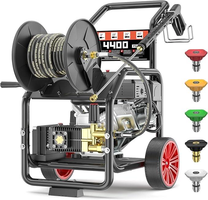4400PSI Gas Pressure Washer with Hose Reel, 4 GPM, One-Button Electric Start 296cc 15HP Commercial Pressure Washer with 50FT 3/8" Hose, Spray Gun & Wand, 5 Quick Connect Nozzles - NeatNest