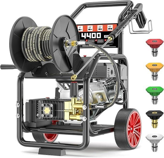 4400 PSI Gas Powered Commercial High Pressure Washer with 296cc 7HP Engine 4.0GPM Electric Start, Includes Hose Reel 50 FT 3/8 inch Hose 5 Quick Connect Nozzles Spray Gun and Wand - NeatNest