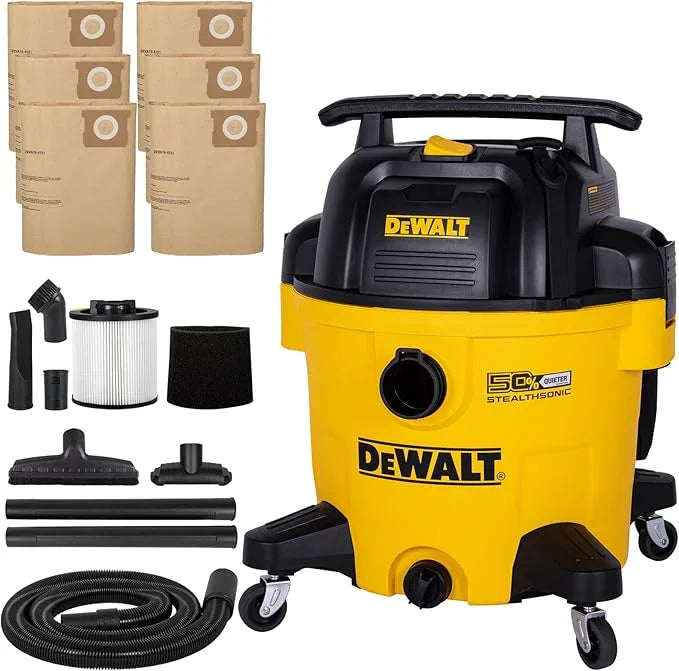 DEWALT 10 Gallon Stealthsonic Wet/Dry Vacuum, 5 Peak HP Ultra-Quiet Shop Vac with Full Accessory Kit & 6 Bonus Dust Bags, 1-7/8 in. x 7 ft. Hose for Job Sites, Workshops & Garages - NeatNest