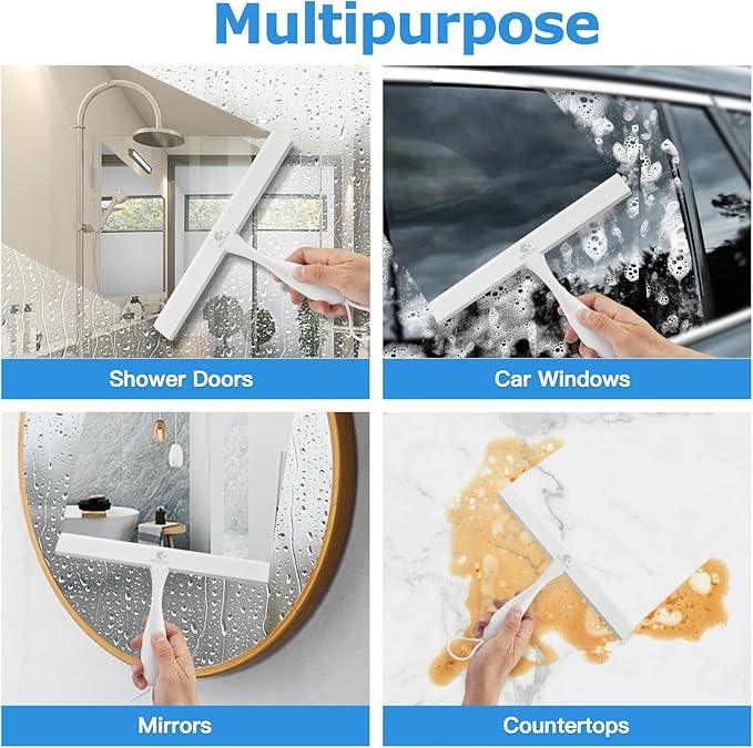 Shower Squeegee for Glass Doors, 11 Inch Ergonomics Anti-Rust Silicone Squeegee with Stainless Steel Frame for Shower Glass Door, Mirrors, Tiles and Windows Cleaning, White - NeatNest