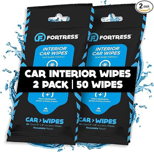 Fortress Car Interior Wipes (25 ct, Pack of 2) for Car Interior Cleaning, Dashboard, Seats, Detailing, and Steering Wheel [Travel Size] Skin-Safe Car Interior Cleaner Supplies - NeatNest