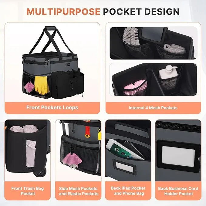 Large Rolling Cleaning Caddy Bag with Detachable Trolley, Waterproof Cleaning Caddy on Wheels for Housekeepers, Cleaning Cart Supplies Organizer for Home,Car,Office,Picnic(Gray)(InPatent) - NeatNest