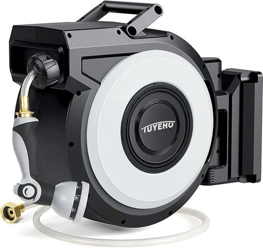 Tuyeho Retractable Garden Hose Reel 90 FT, Wall Mount Heavy Duty Water Hose Reels with Automatic Slow Rewind System, Outdoor Hoses Reel with 2 Hose Nozzles for Garden Watering, Car Wash, Pet Shower - NeatNest