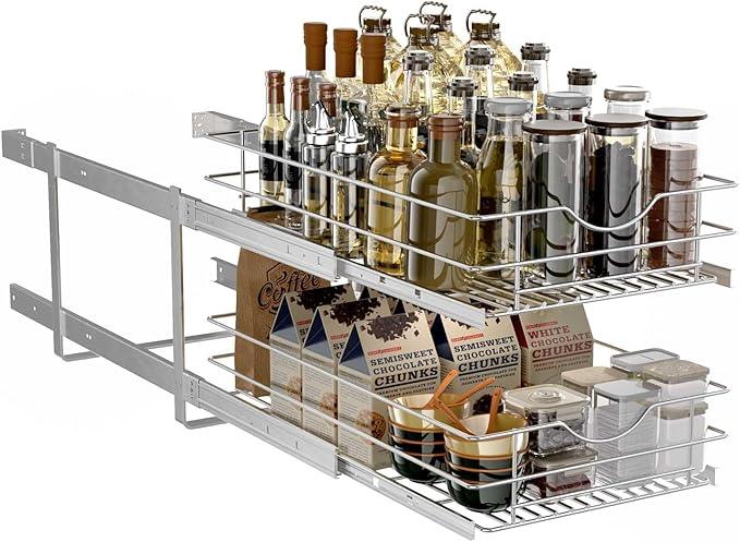 2 Tier Pull Out Cabinet Organizer,(20½"W x 22" D) Soft Close Slide Out Drawer For Kitchen Base Cabinet, Individual Pull Out Shelf, Roll Out Pantry Organization, 22 Inch Deep - NeatNest