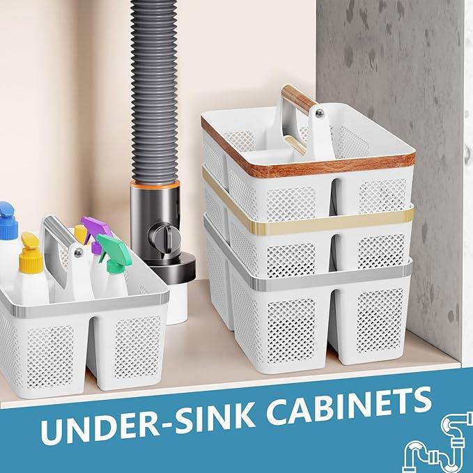 2Pack Shower Caddy Dorm: Portable Bathroom Caddy Organizer with Handle and Holes, Plastic Cleaning Caddy, Hard Shower Basket Storage Tote for Toiletry, College Dorm Room Essentials White/Silver - NeatNest