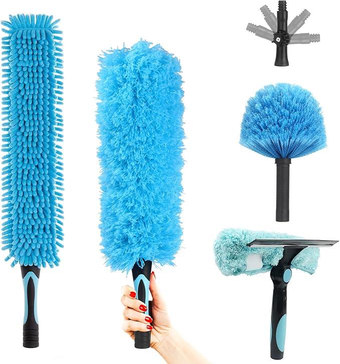 Ceiling Fan Duster Kit – 5-in-1 Bendable & Dual-Sided Heads – Washable Dusters for High Ceiling, Fans, Corners, Glass – Fits Standard ¾ Pole – Blue Cleaning Set - NeatNest