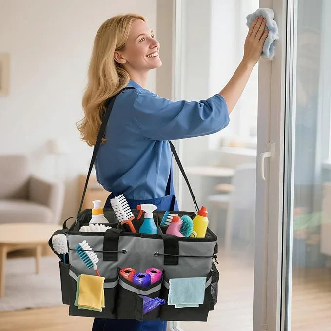 ZKOO Large Cleaning Caddy Bag with Handle, Built-in Sturdy Support Board, Adjustable Shoulder Strap, Multi-compartment Design Cleaning Supply Tote for Cleaners & Housekeepers (Gray) - NeatNest