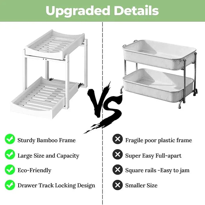Bamboo Under Sink Organizer and Storage, 1 Pack Pull Out Cabinet Organization, 2 Tier Vertical Slide Out Undersink Storage Shelf, Multi-Purpose Organizer Shelves for Kitchen Bathroom Medicine, White - NeatNest