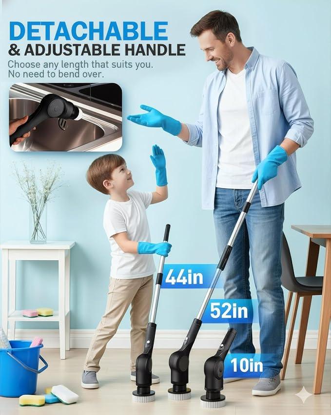 Electric Spin Scrubber, 3-Speed Cordless Shower Scrubber with 90° Adjustable & 10 Replaceable Brush Heads, 90 Mins Runtime & Full-Body IPX7 Waterproof Shower Cleaner Brush with Long Handle - NeatNest