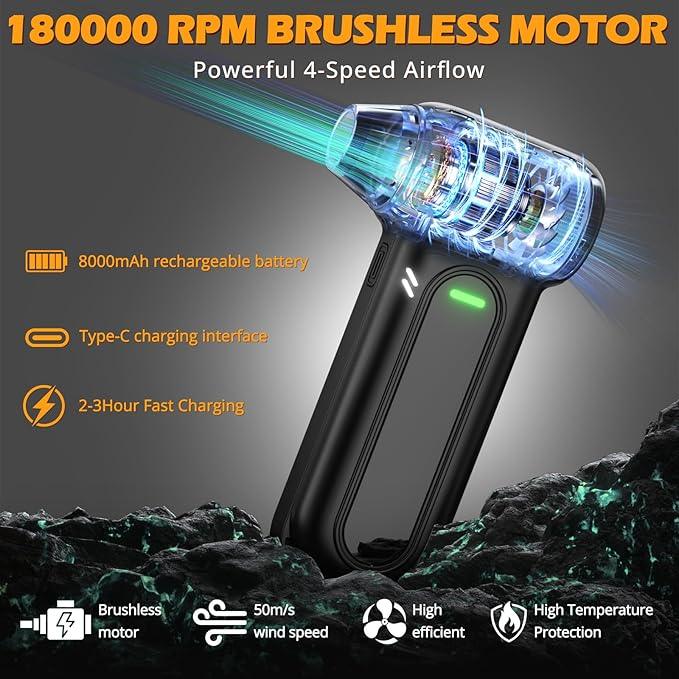 Gardon Compressed Air Duster Cordless - 180000RPM Electric Air Dusters for Cleaning, 4-Gear Handheld Blower, Mini Keyboard Cleaner with LED Light, 8000mAh Rechargeable, Turbo Fan for Car, PC, Black - NeatNest