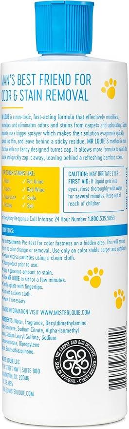 MR LOUIE ODOR & STAIN REMOVER - Safe For Use Around Kids and Pets. Incredibly tough on odors and stains from Blood, to Cat/Dog Urine, Feces, Vomit, to Food Stains like Ketchup, Red Wine, and Coffee. - NeatNest