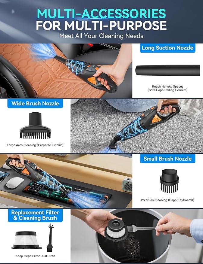 GHUSTAR Handheld Vacuum Cordless - 25000PA Strong Suction Hand Held Car Vacuum Cleaner Portable with Multi-Nozzles - Lightweight Dust Busters Rechargeable for Home Car Office Pets 2 Levels - NeatNest