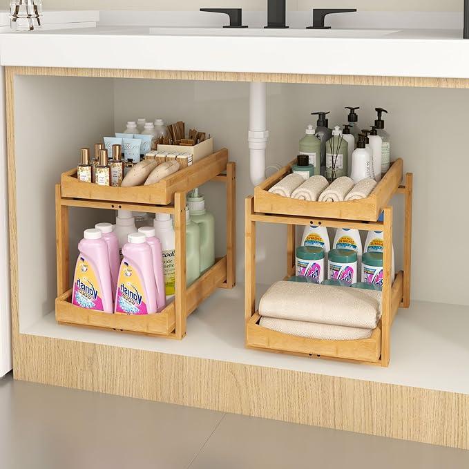 Bamboo Under Sink Organizer and Storage, 2 Pack Pull Out Cabinet Organization, 2 Tier Vertical Slide Out Undersink Storage Shelf, Multi-Purpose Organizer Shelves for Kitchen Bathroom Medicine - NeatNest