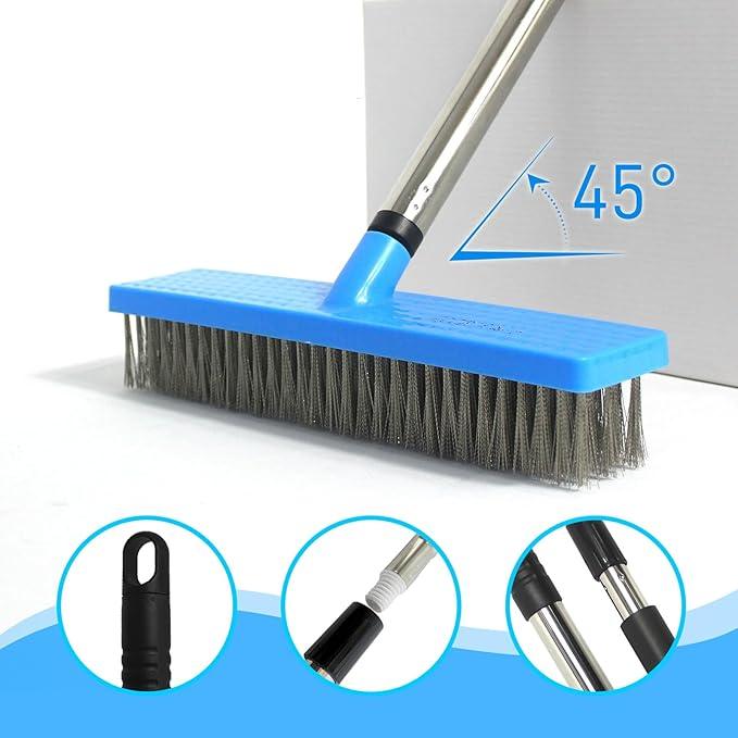 FRAXIR Stainless Steel Wire Broom Deck Scrubber Brush with 55” Adjustable Length Sturdy Long Handle, Stainless Steel Outdoor Broom for Cleaning Moss Concrete Floors Grout Gardens Patios - NeatNest